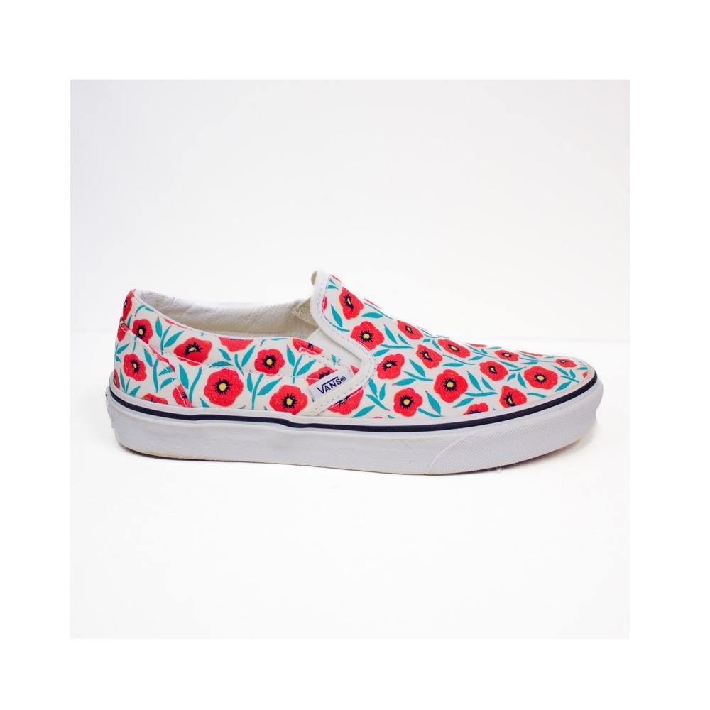 Vans‎ Classic Slip On Sneakers Red Poppy Floral White Canvas Shoes Womens 8